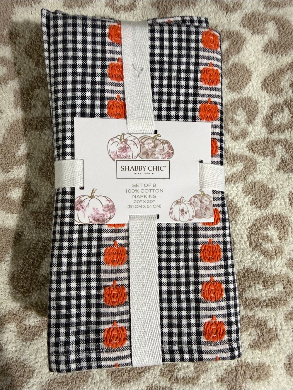 Shabby Chic Black and White Gingham Napkins with Orange Pumpkin Motif